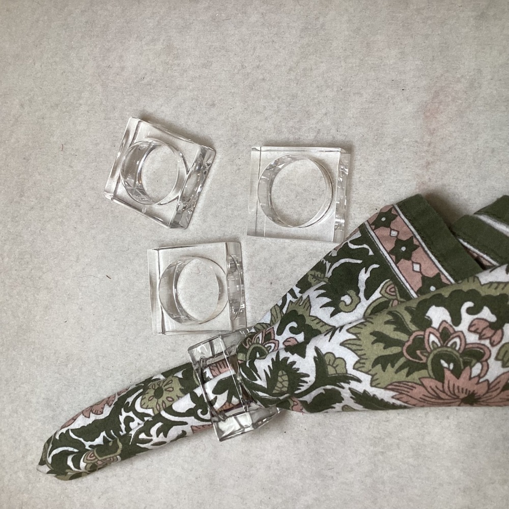 Vintage Set of 4 Clear Acrylic Square Napkin Rings Lucite Style Geometric Modern